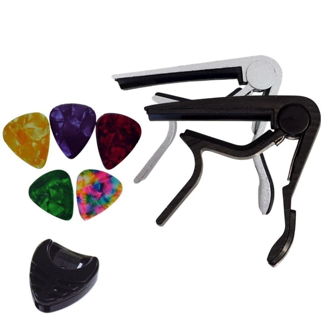 Capotraste Pestana Braçadeira Violão Guitarra Ukulele NV+ Porta Palhetas+ 5 Palhetas