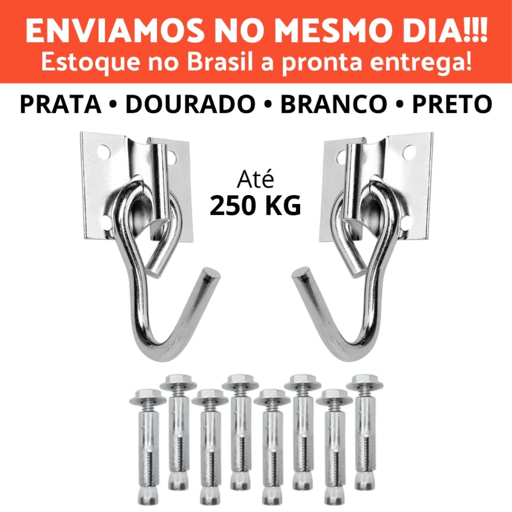Kit Par de Gancho Armador De Rede De Balanço até 250kg Aço Grosso Reforçado + 8 Chumbadores