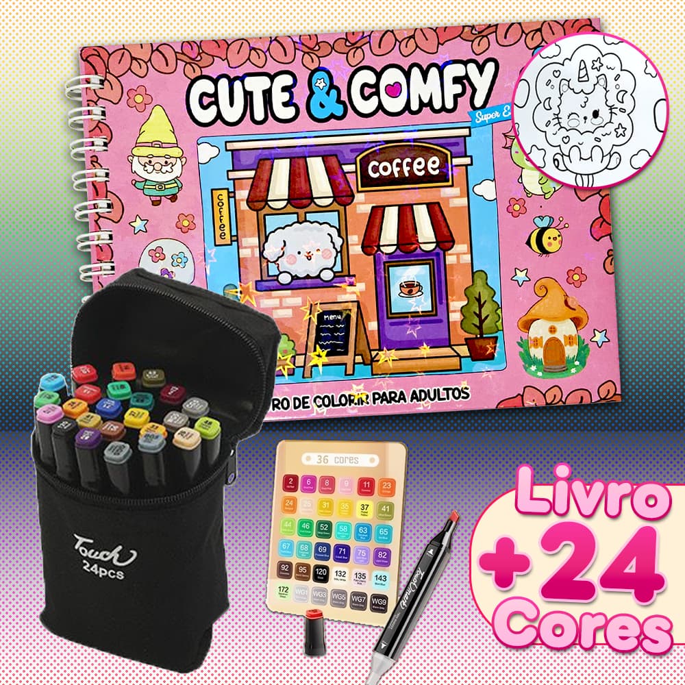 KIT Caderno de Colorir + Canetinha Duas Pontas - 24 cores, 50 páginas de Desenho STICH