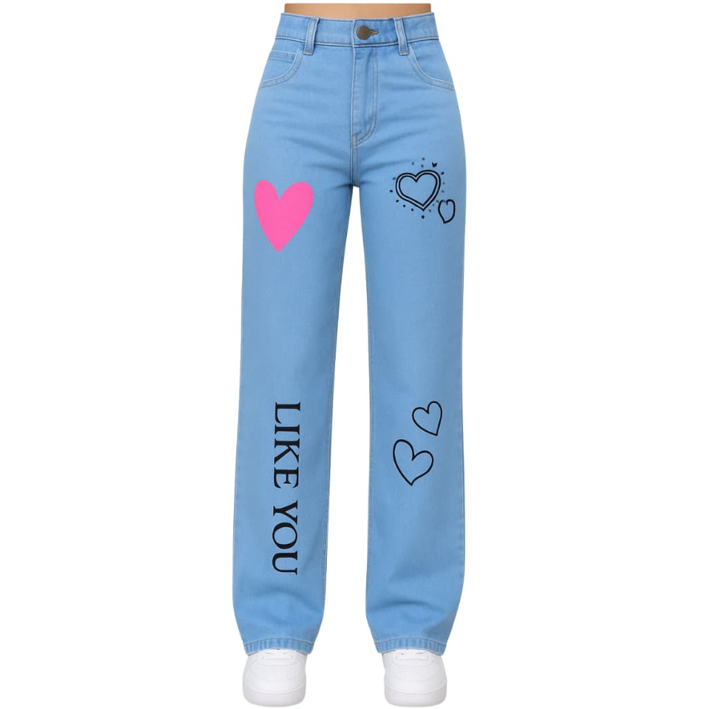 Calça wide leg jeans  infanti juvenil estampada com desenho