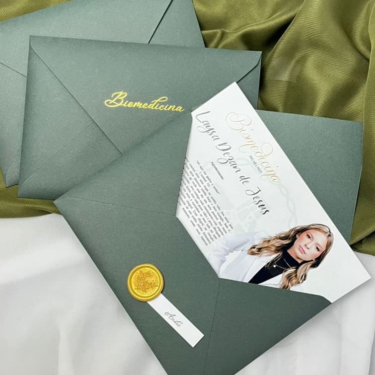 Convites de formatura envelope tradicional com hotstamping e lacre de cera - Coleção Formandos