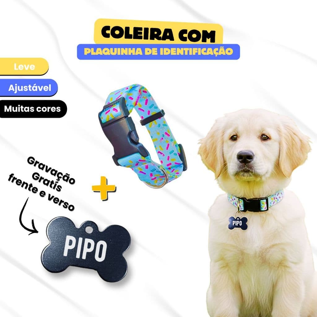 Coleira Pet Regulável com identificação para cachorro com plaquinha de ossinho