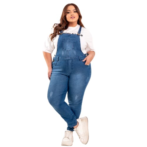 Jardineira Jeans Plus Size Calça Cintura Alta Macacão Skinny Feminina com Lycra Elastano