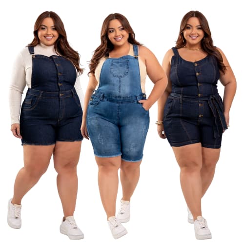 Macaquinhos Jardineira Short Jeans Plus Size Feminina Lycra