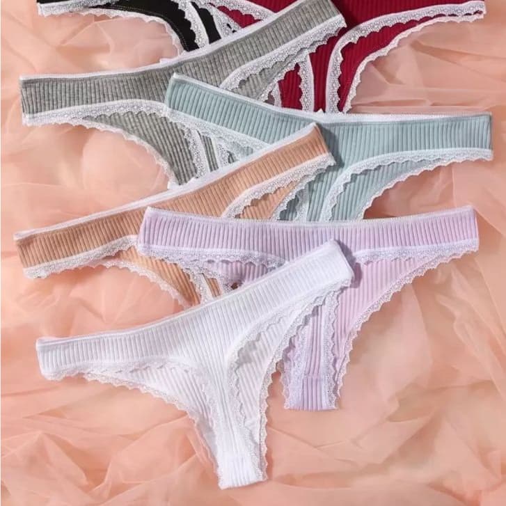 Kit Calcinhas Algodão Canelado Fio Dental com Renda Conforto Sensualidade Moda Íntima Feminina