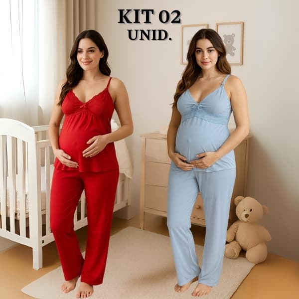 KIT 02 Pijamas Amamentação com Renda e Blusa abertura em Click Alça Reforçada e CALÇA Maternidade.