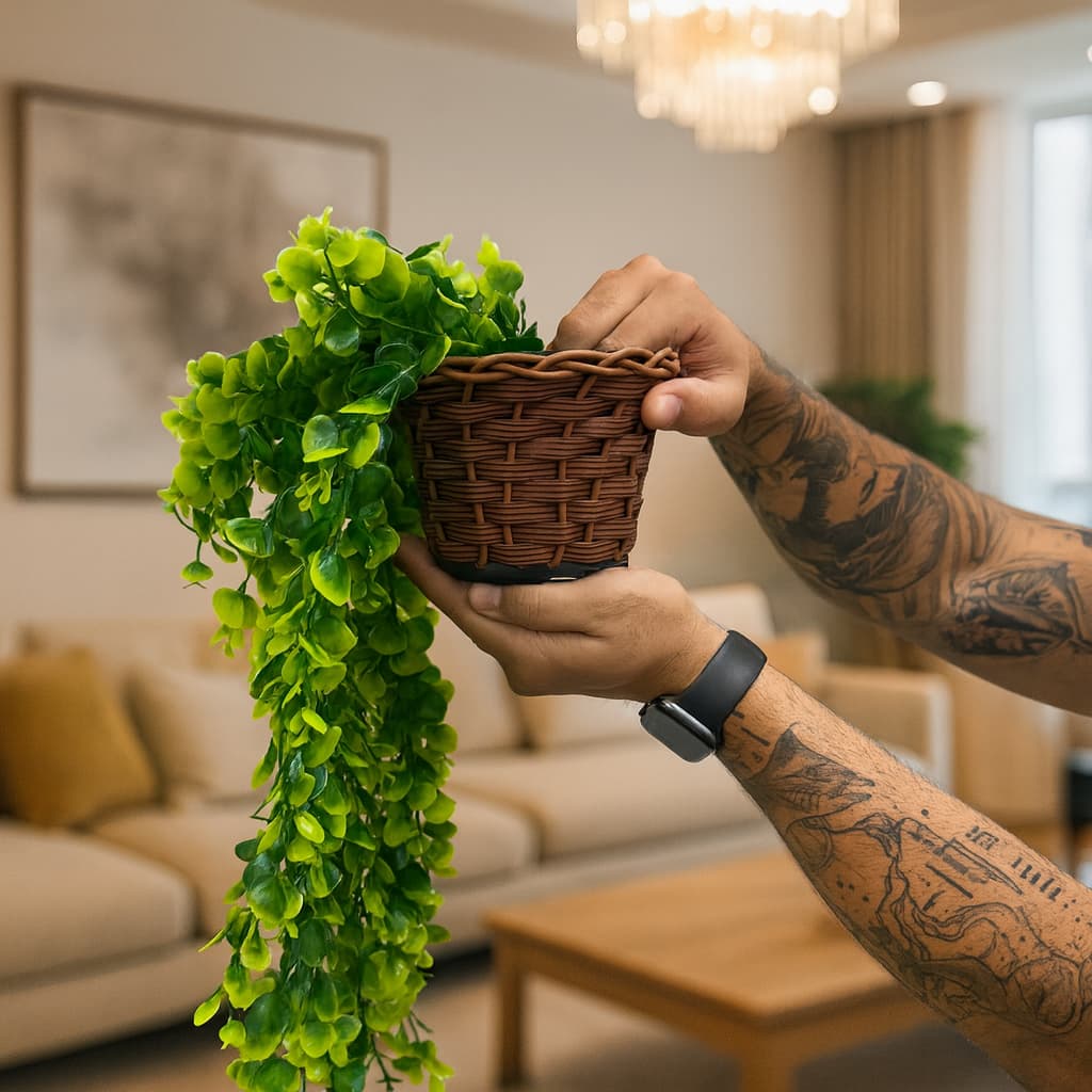 Kit Planta Decorativa: Vaso Trançado Marrom + 1 Pendente Artificial Folhas De Eucalipto