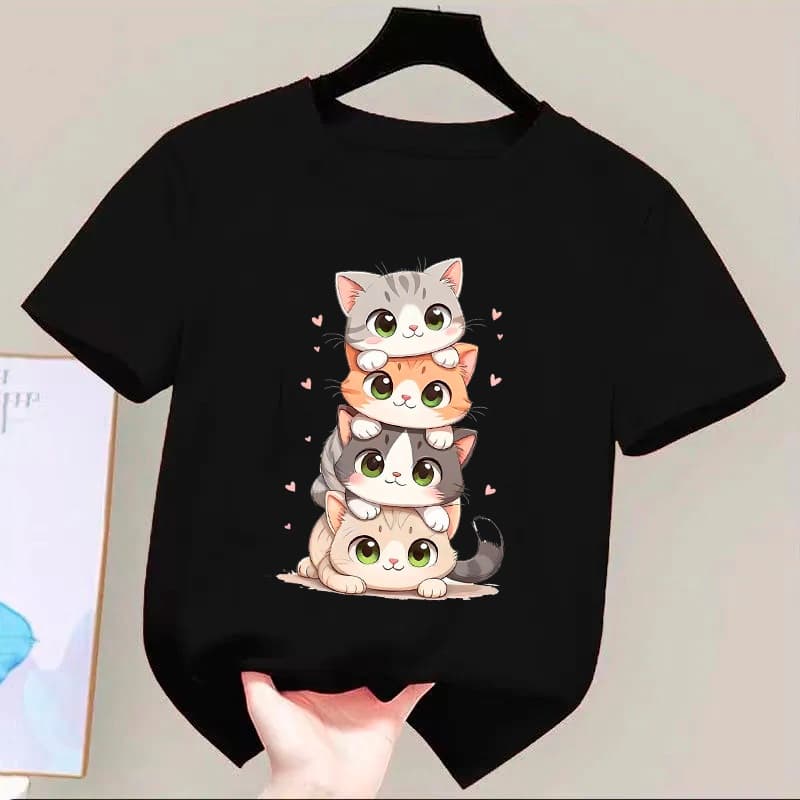 Camiseta De Algodão Infantil Estampada Gatinhos Fofo Tendencia