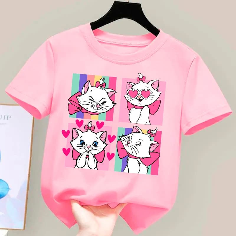 Camiseta De Algodão Infantil Estampada Gatinha Marie Tendencia