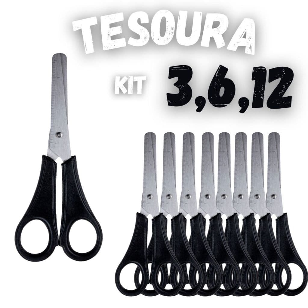 Tesoura Escolar Preta Inox 13cm Kit com 3 6 12 Unidades Corte Preciso Durável e Ergonômico