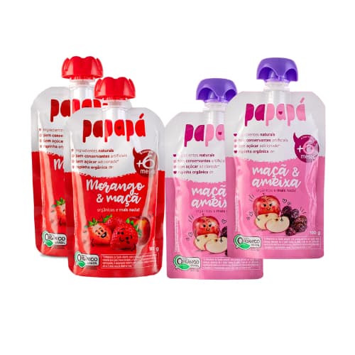 Kit 4 Papapá Papinha Orgânica de Maçã e Ameixa e Morango e Maçã (2x Cada) Sem Conservantes 100g