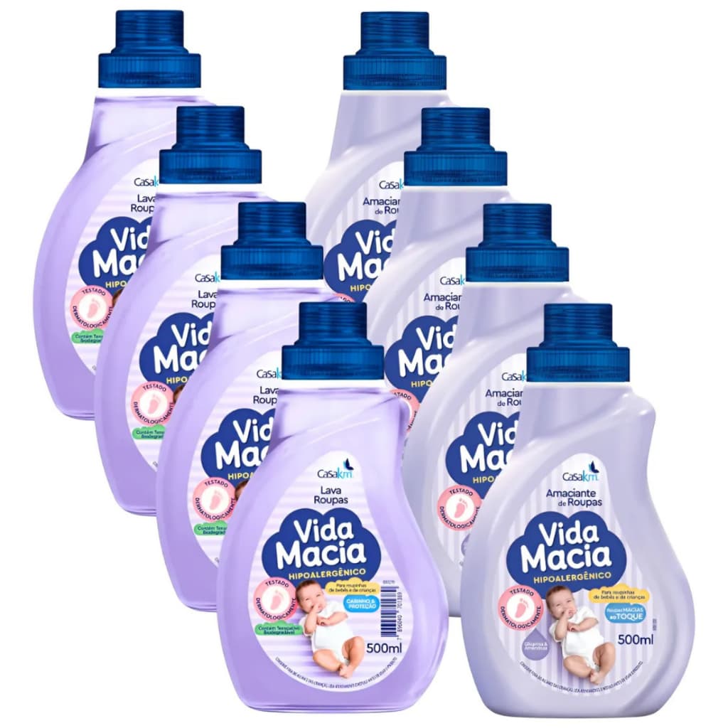 Kit Vida Macia 500ml Bebê 4 Lava Roupas liquido + 4 Amaciante Amendoãs (PROMOÇÃO)