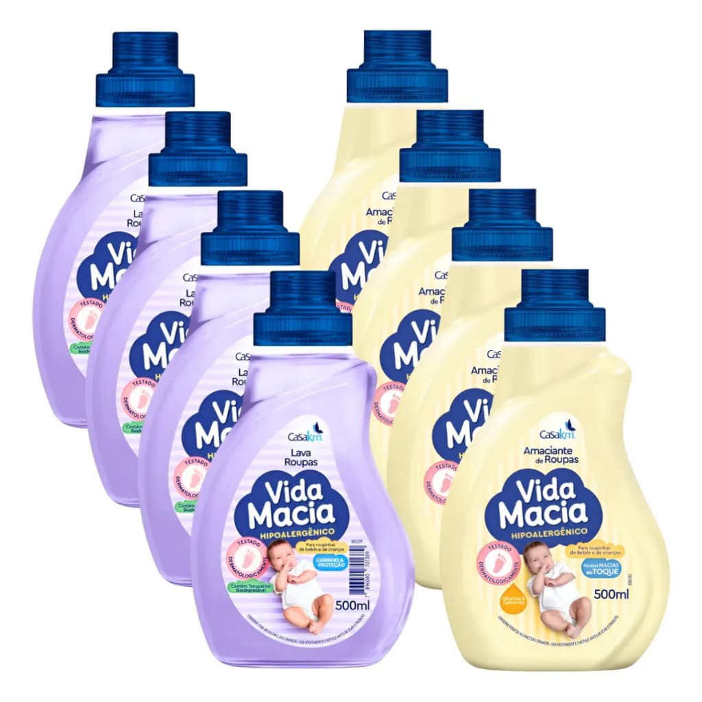 Kit Vida Macia 500ml Bebê 4 Lava Roupas liquido + 4 Amaciante Camomila (PROMOÇÃO)