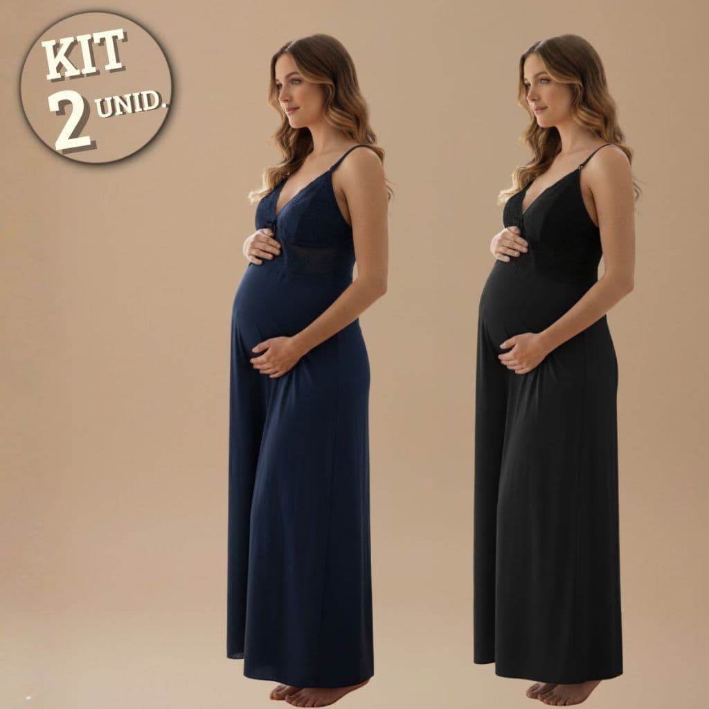 KIT 02 Camisolas Amamentação LONGA em Microfibra com Detalhe em Renda e Abertura em Click.