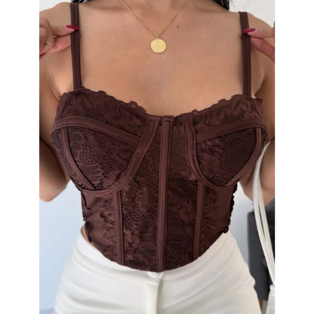 Cropped Corselet Com Renda Feminino Corset Alça Finas Regulagem Cropete sensual verão