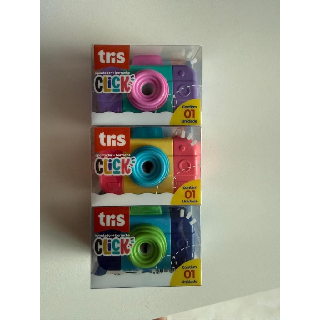 Apontador 3 em 1: Com Depósito, Borracha e Rolinho em formato de câmera – Tris Click