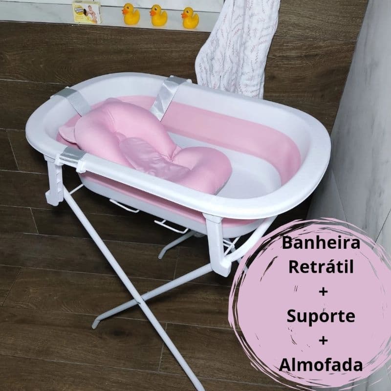 Banheira para Bebê Retrátil 33L. + Suporte dobrável + Almofada Flutuante ou Redinha, ROSA.