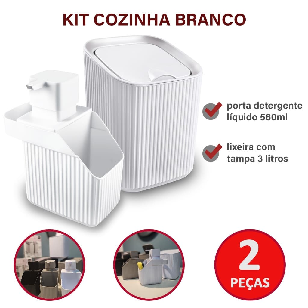 Conjunto Para Cozinha 2 Peças – Porta Detergente Líquido + Lixeira 3L | Cores Variadas