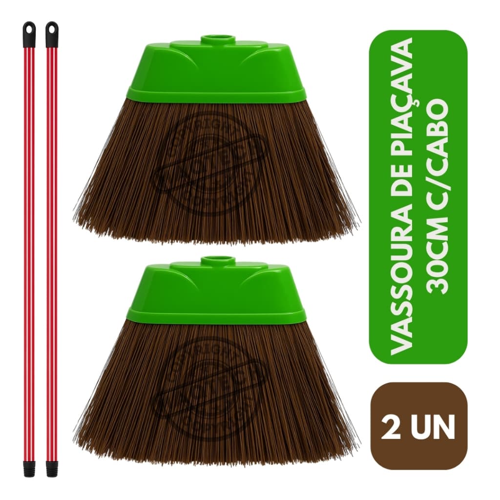 Kit 2 Vassouras de Piaçava Natural 30cm Base Plástica Reforçada com Cabo Limpeza Pesada Casa Quintal