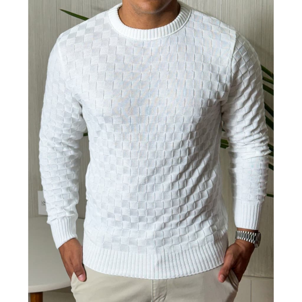 Sueter Masculino Lã Tricot Xadrez Blusa de Frio de Tricô Manga Longa Básica Elegante Confortável