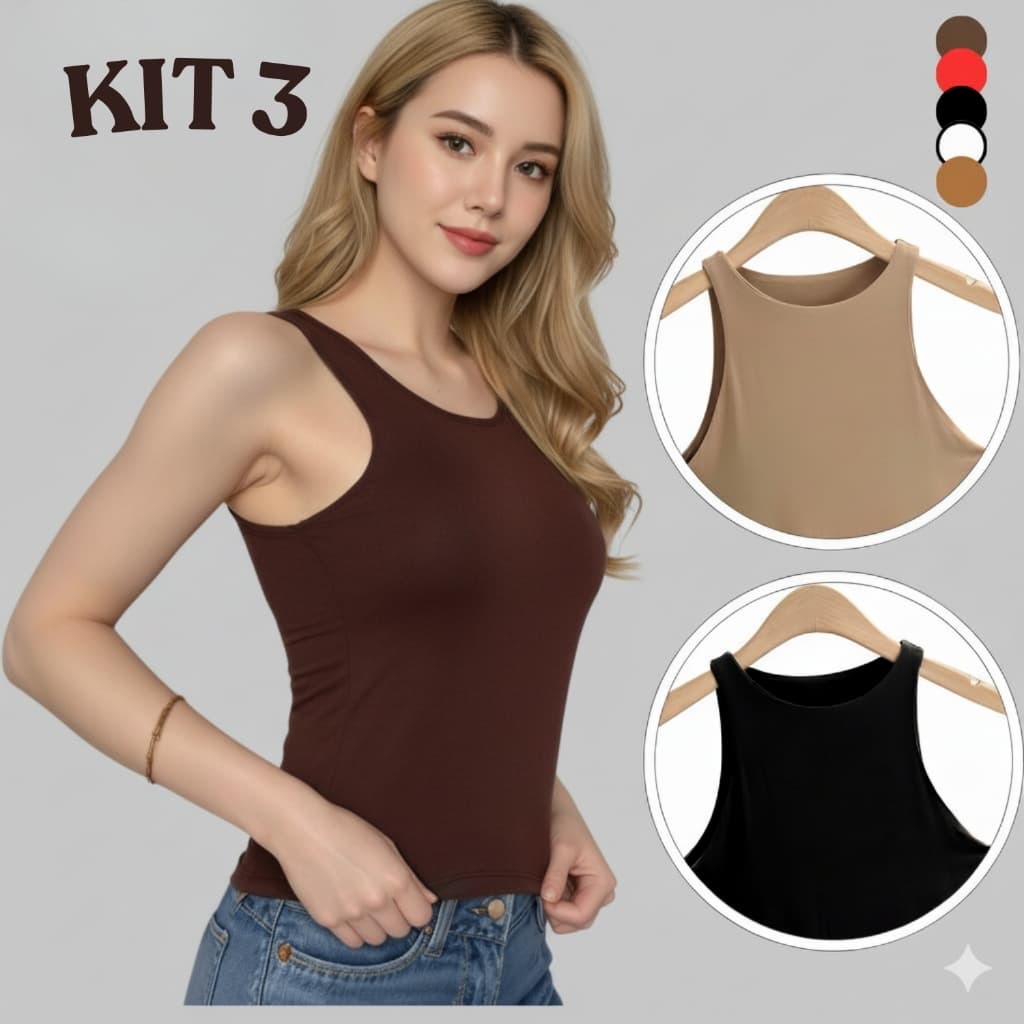 Kit 3 Regatas Blusinha Feminina Básica Elegante Moda Blogueira Tendencia Tecido Helanca