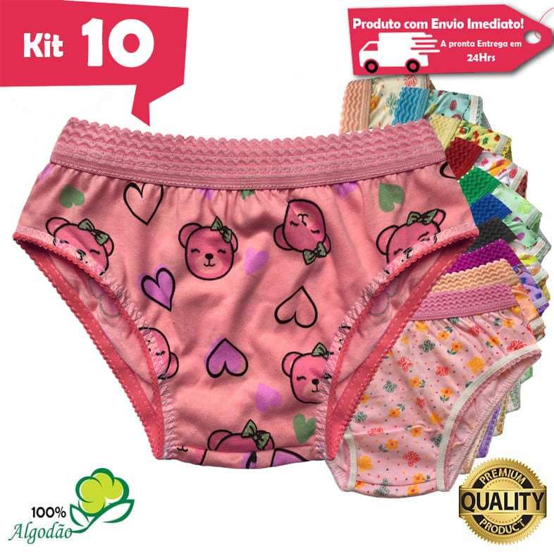 Kit 10 Calcinhas Infantil Estampada Algodão Cós Elástico Menina