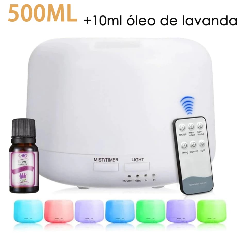 Umidificador Aromatizador Portátil 500ml | LED 7 Cores com Controle Remoto + Ultrassônico Silencioso | Ambiente Confortá