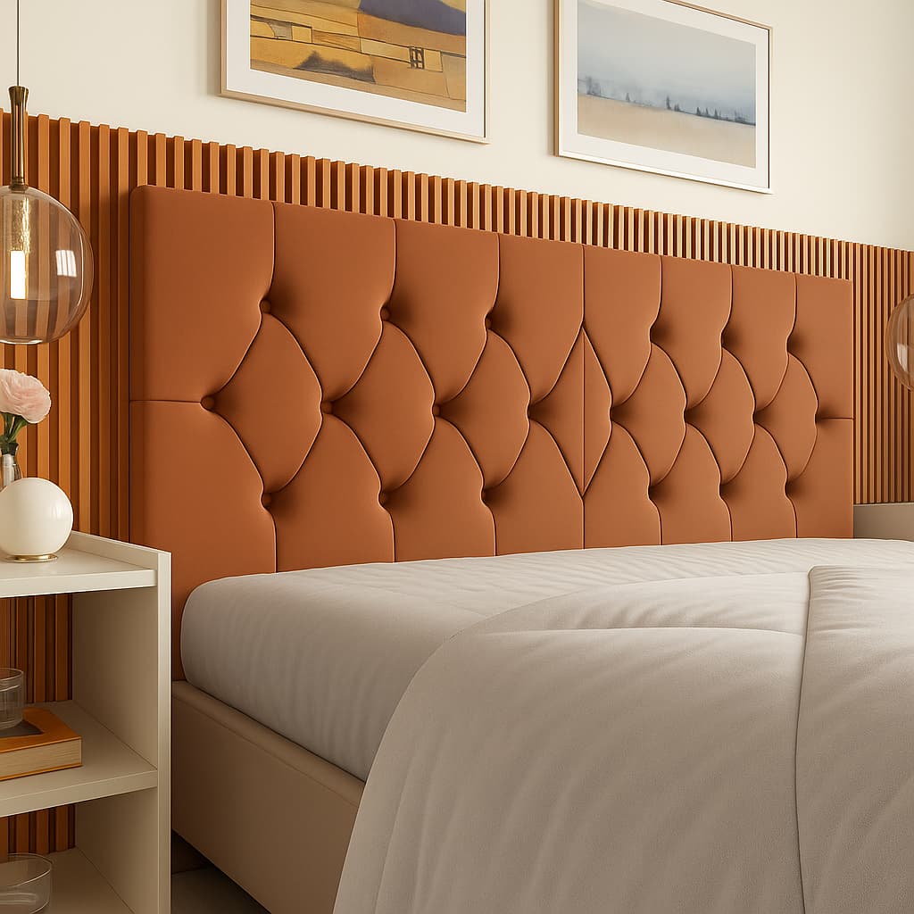 Cabeceira Estofada de Cama Box Casal e Queen em Corino e Suede - Capitonê Palito Tulipa