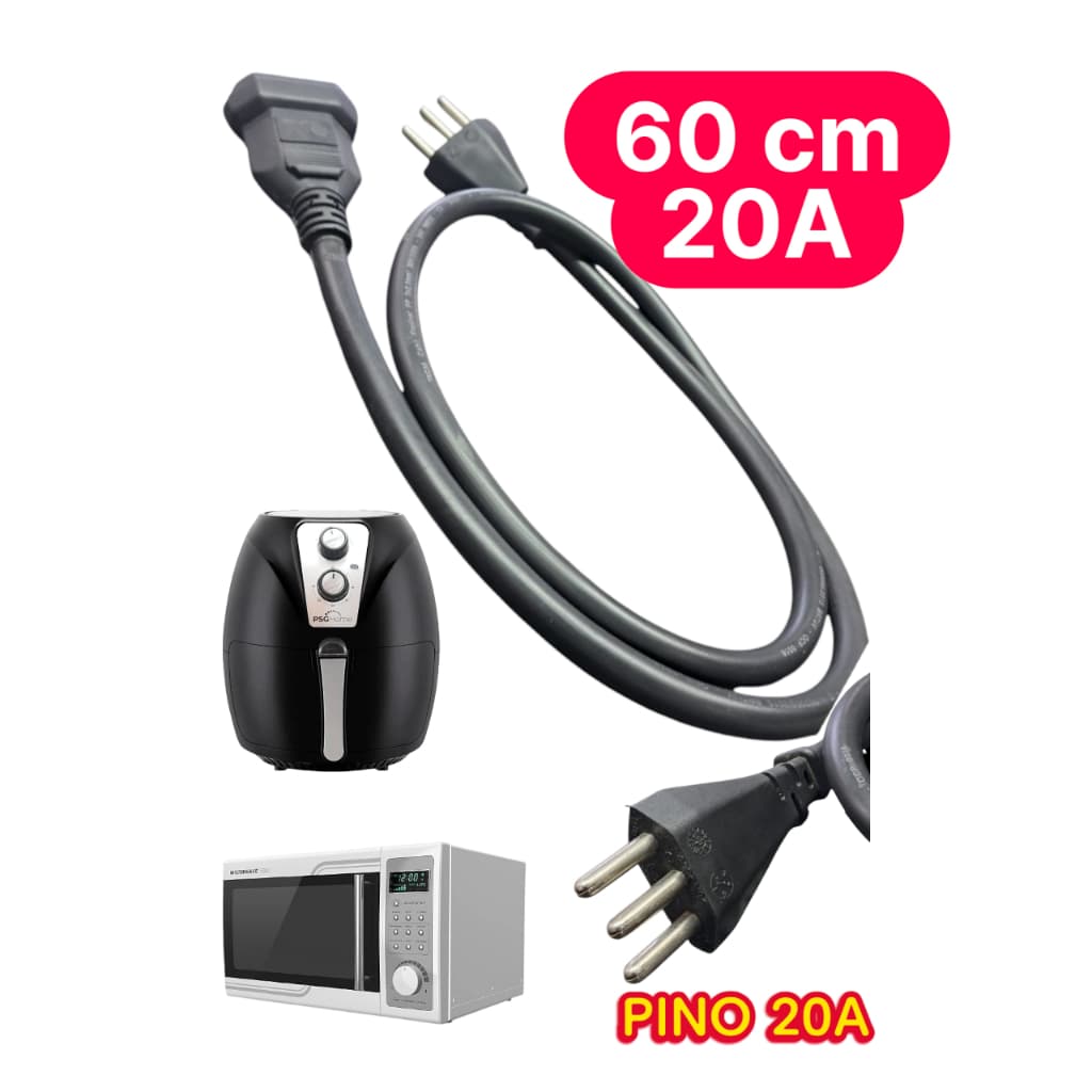 Cabo Extensor Prolongador 0,60 CM 20A para microondas , secador, airfrayer, forno