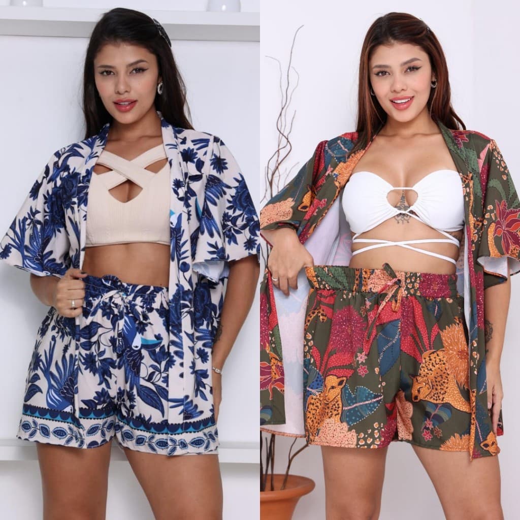 CONJUNTO KIMONO + SHORT  ESTAMPADOS:(floras,folhas,passaros) DE TECIDO CREPINHO