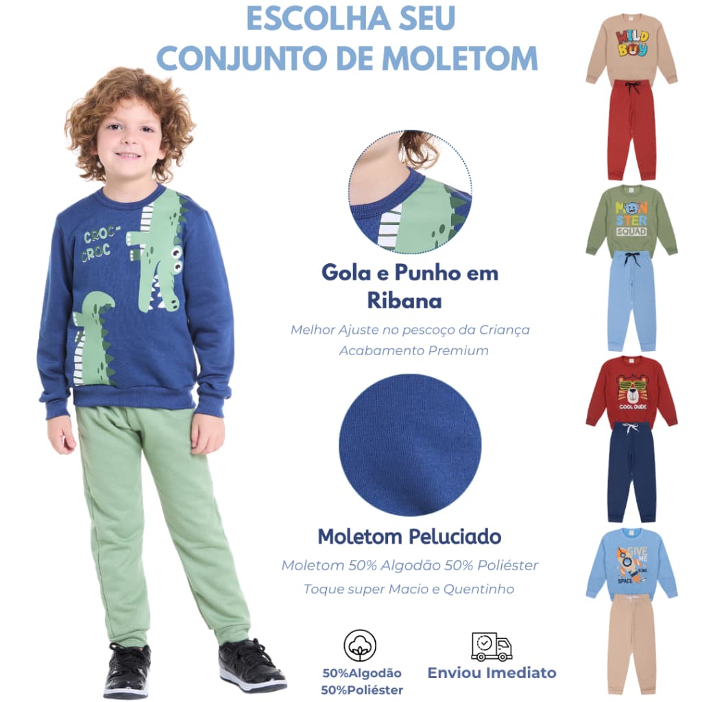 Conjunto de Moletom Infantil Menino Peluciado Inverno - Casaco + Calça 2 ao 8 anos
