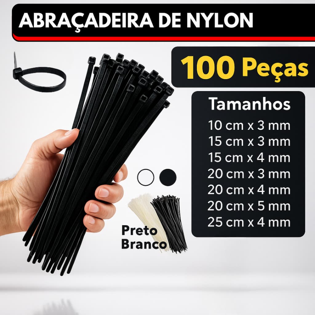Kit 100 Abraçadeira de Nylon Cinta Plástica Enforca Gato Branco Preto 10cm 15cm 20cm 25cm