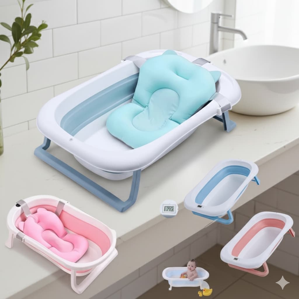 Kit Banheira Dobrável E Almofada Banho Bebê Infantil Boia Flutuante Recém Nascido Abre e Fecha