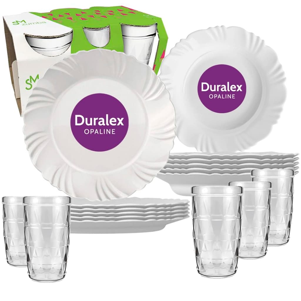 KIT 12 Pratos Duralex Opaline Branco 06 Pétala 06 Copos Zumba 270ML Vidro TEMPERADO JANTAR