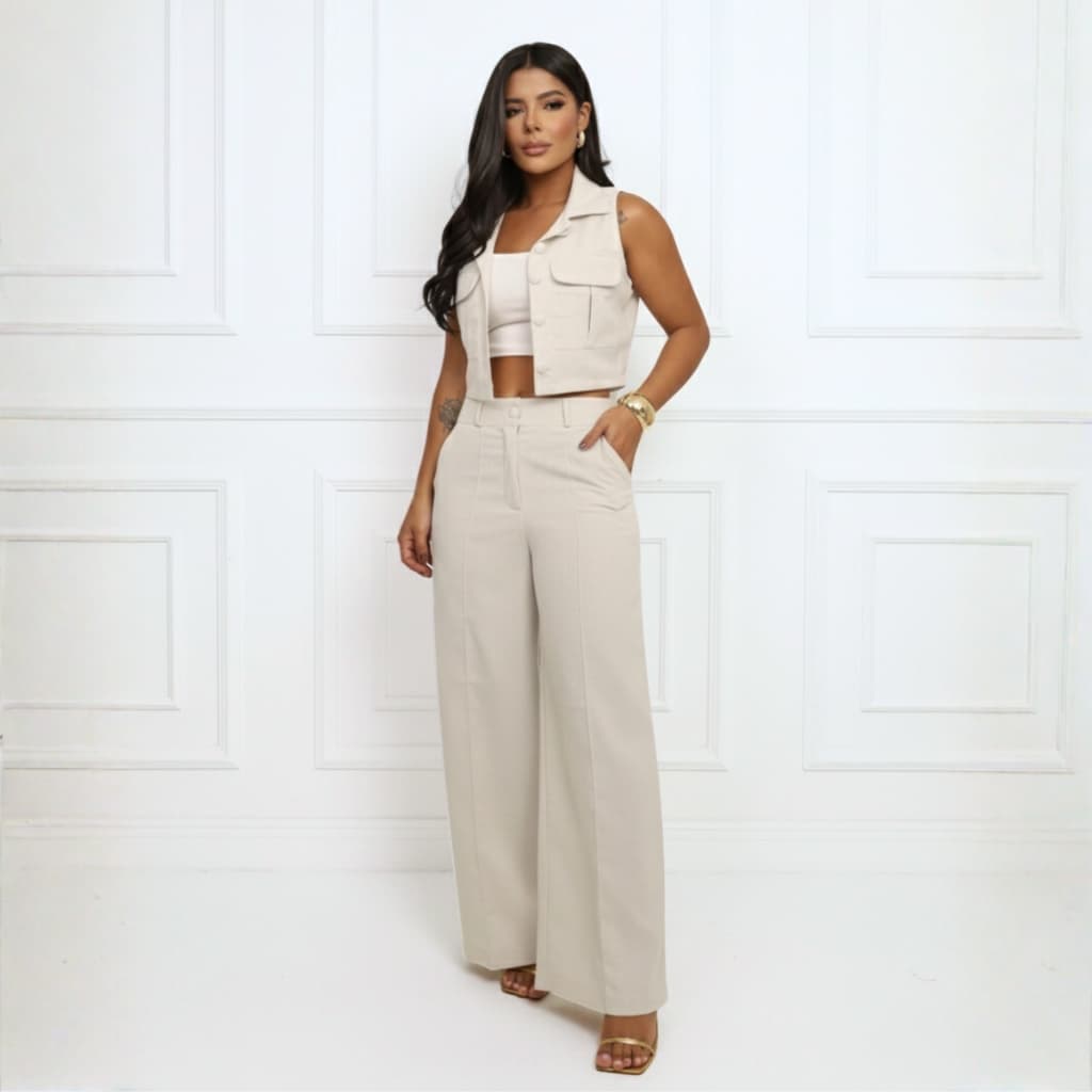Conjunto Linho Colete e Calça Cintura Alta Elegante Feminino
