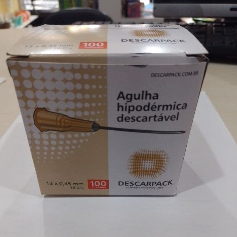 Caixa de agulhas 26G ( 13 x 0,45mm) Hipodérmicas descartáveis.