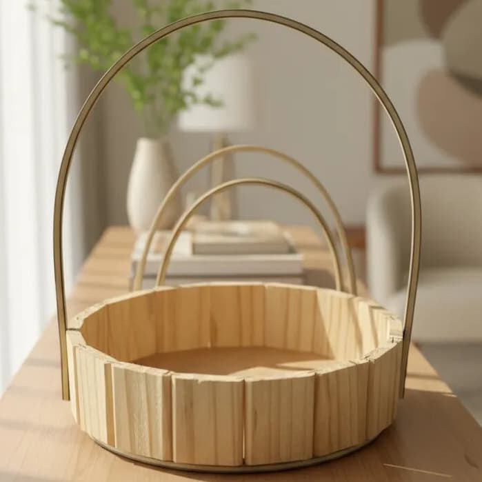 Kit 10 Cesta Madeira Redonda 23cm Fraldeira Alça De Vime Porta Objetos Pascoa Presente Cosméticos