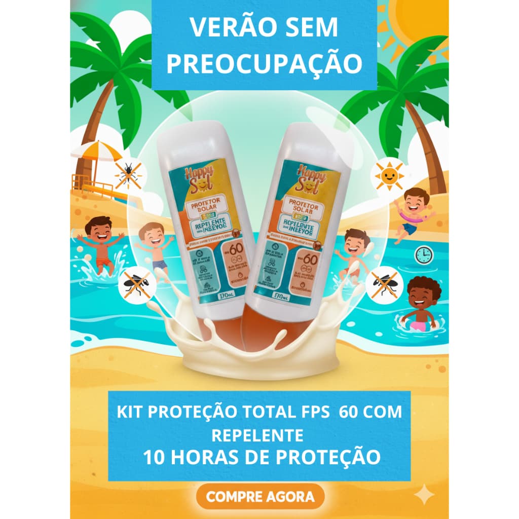 Kit 2 Protetor Solar FPS 60 c/ Repelente - Happy Sol Praia Piscina Verão Família, rosto e corpo