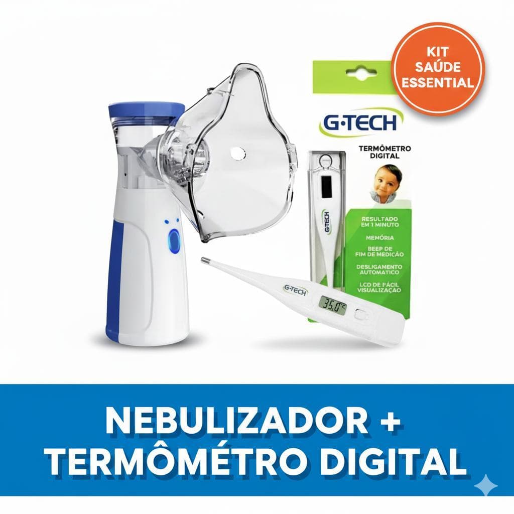 KIT SAÚDE FAMÍLIA: Nebulizador Ultrassônico Portátil Adulto e Infantil + Termômetro Digital G-Tech
