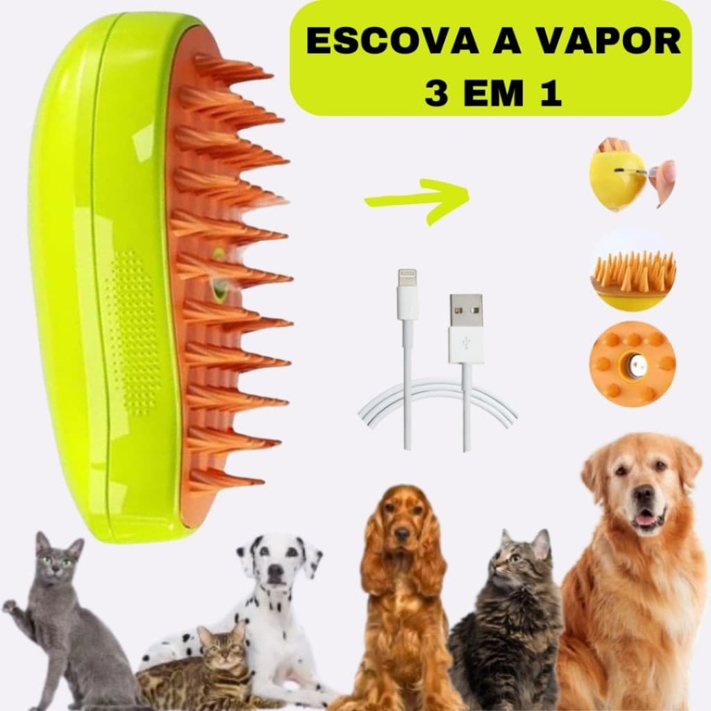 Escova a vapor para gatos e cães 3 em 1 escovas elétricas de pêlos pentes de massagem  verde/amarelo