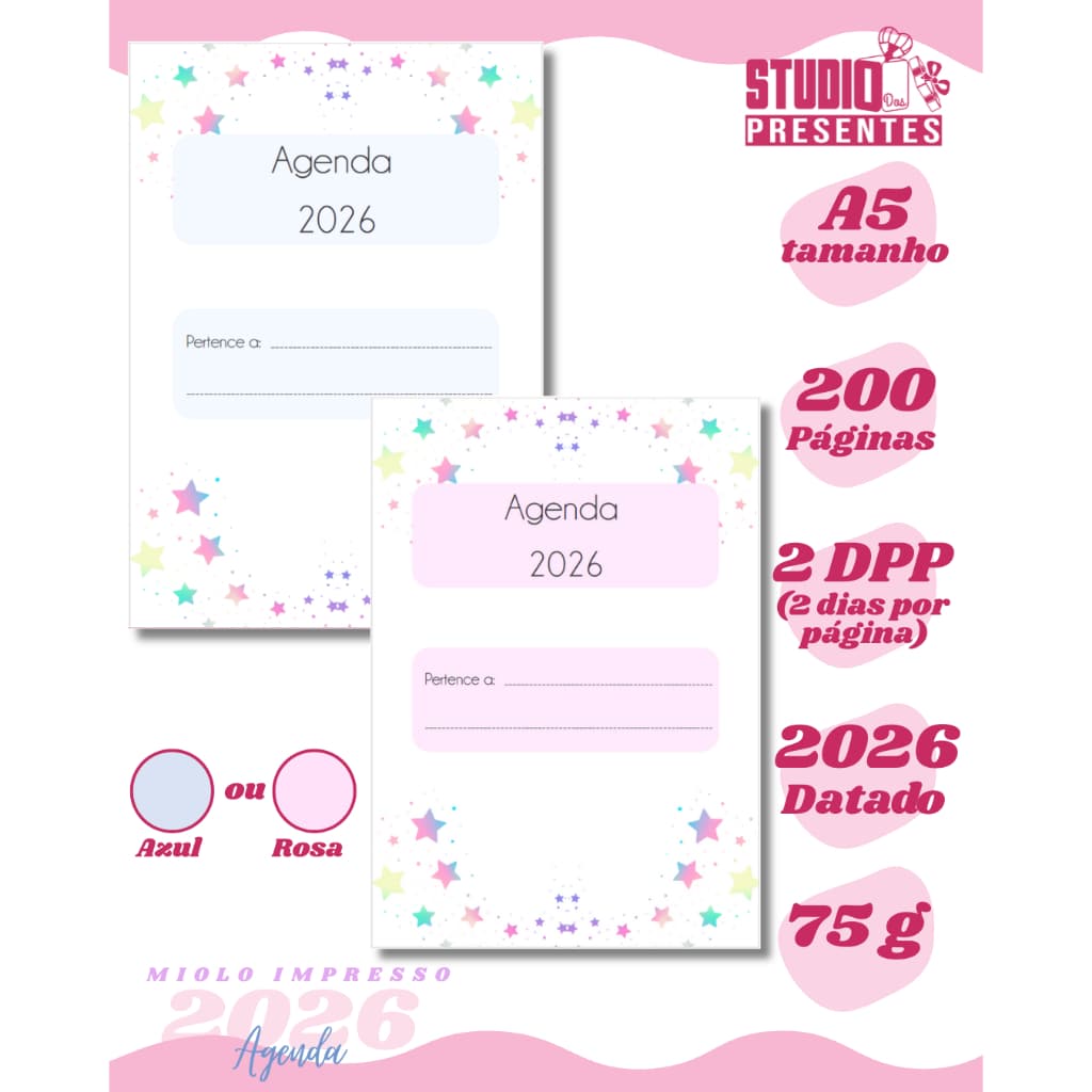 kit 3 miolos agenda 2026 com versiculos biblicos 2 dias por pagiga Azul / Rosa impressao alta qualidade pigmentada clean
