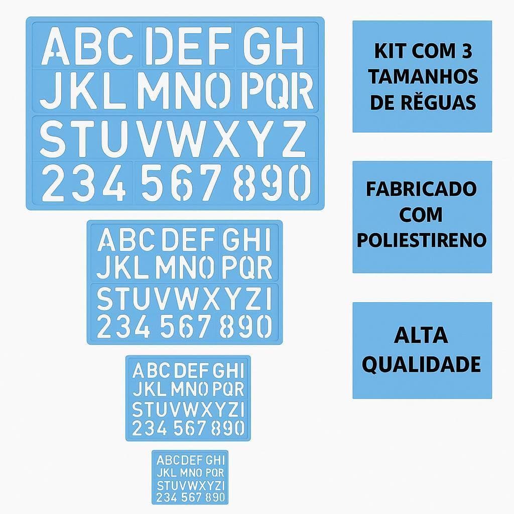 Kit régua normógrafo Acrinil de Poliestireno régua escolar de letras Com 3 Unidades