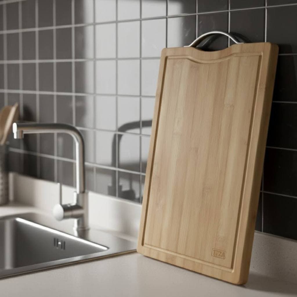 Tábua Bambu Profissional Reforçada com Sulco e Alça Aço Inoxidável - Tábua de Servir Churrasco e Cozinha Ecológica