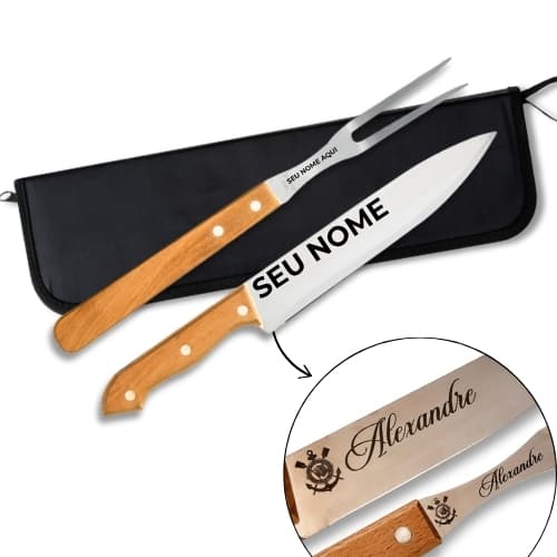 Kit Churrasco Personalizado com Faca + Garfo + Estojo Gravado Laser Nome Logo Time Presente