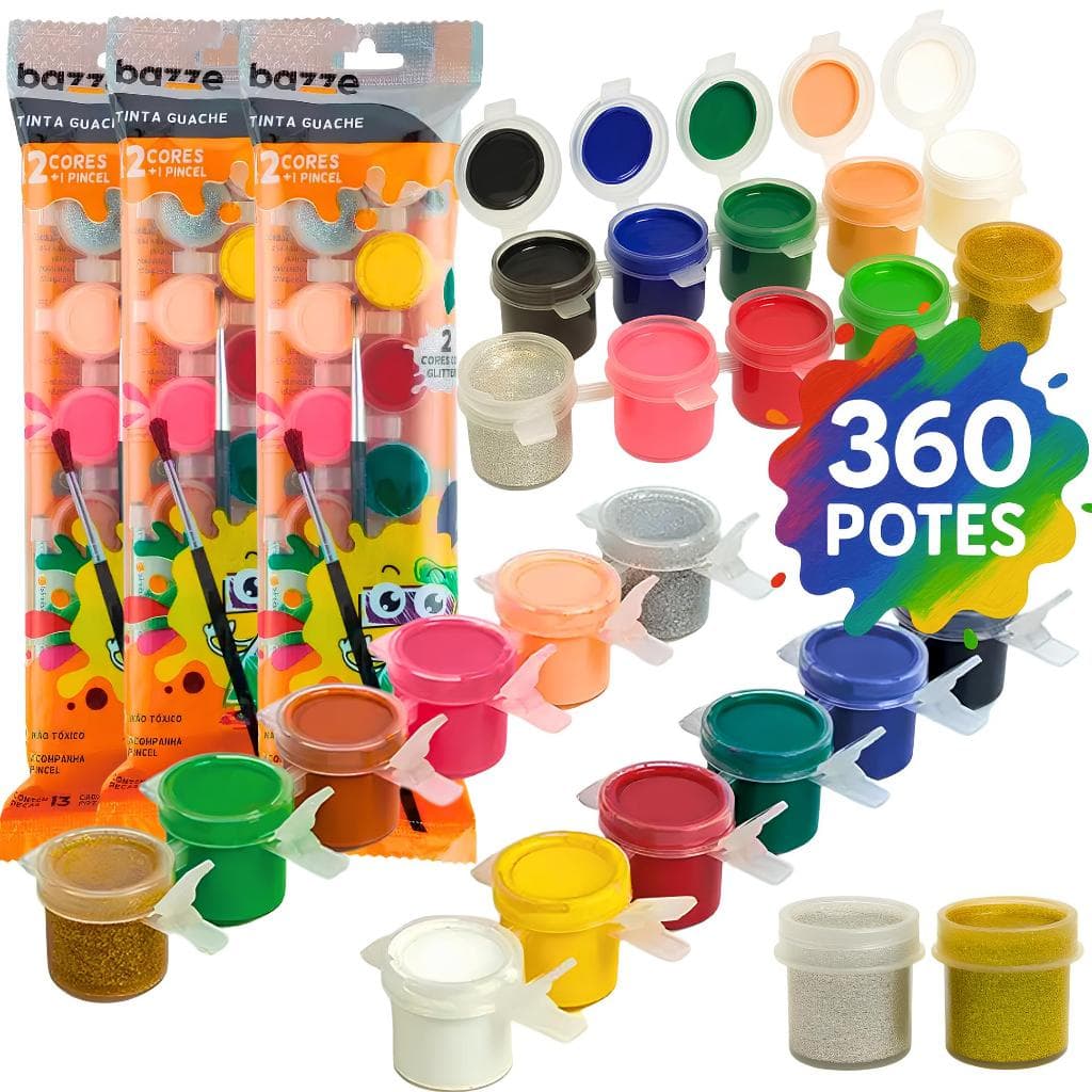 Kit 30 Pacotes Tinta Guache 12 Cores +Pincel 360 Potinhos Festa Lembrancinha Escola Atacado