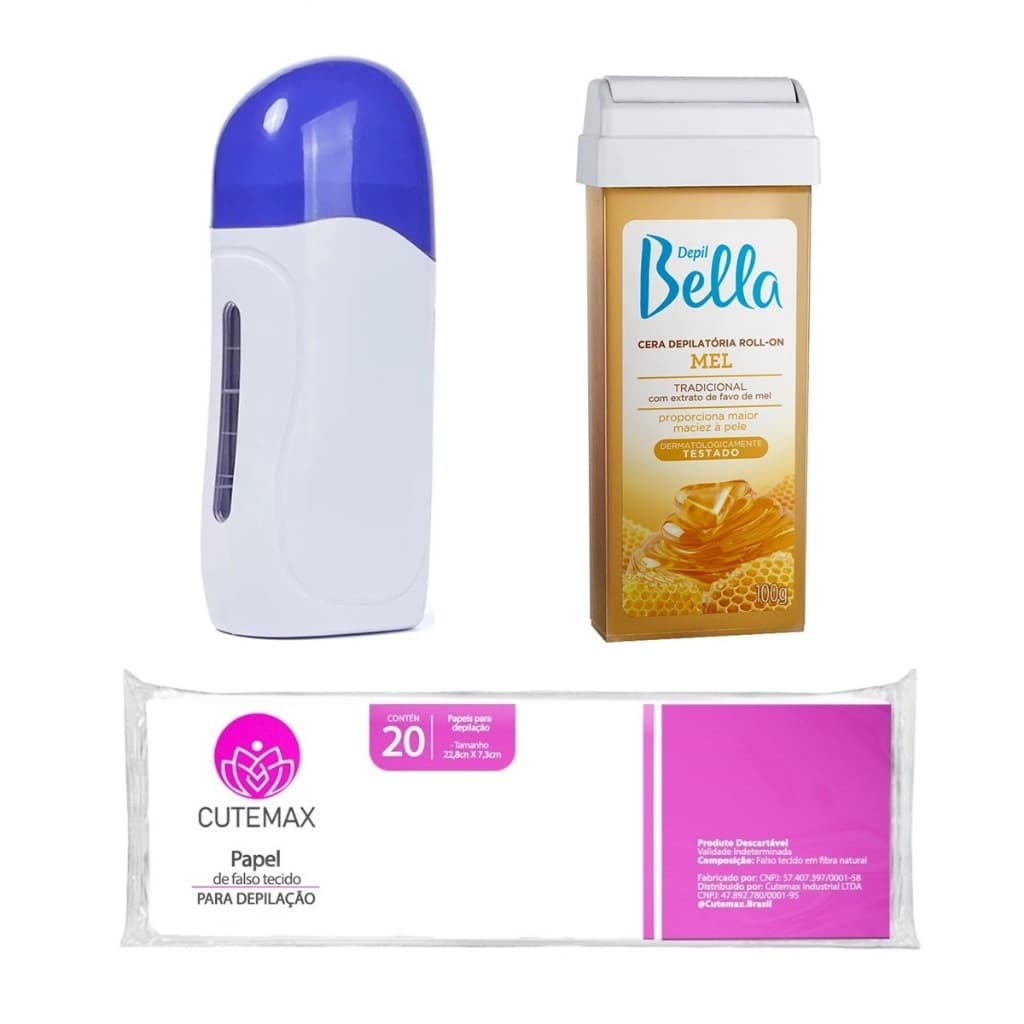 Kit Aquecedor Roll On Depil 1 Cera Depil Bella 20 Folhas Depilador Elétrico Depilação