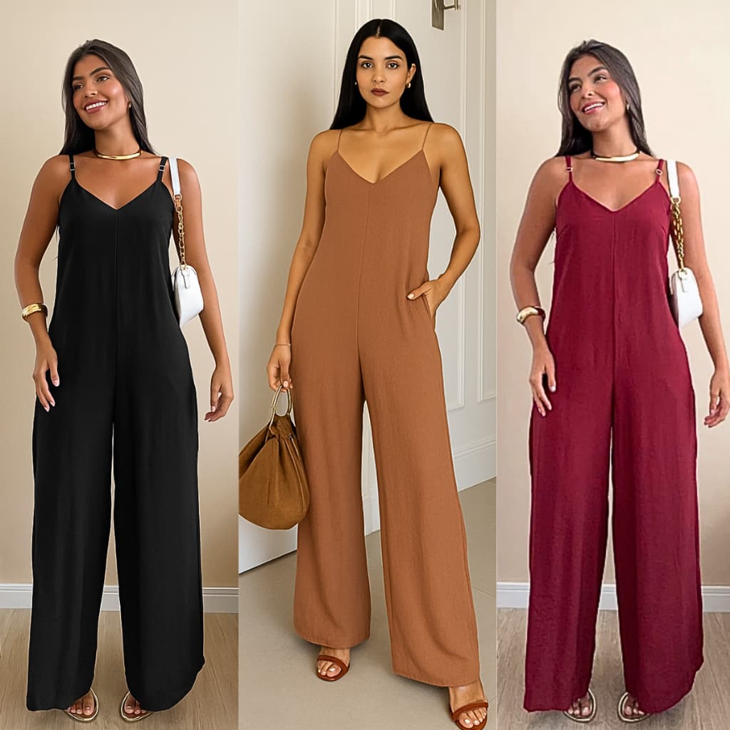 Macacão Feminino Pantalona Largo Alcinha Decote V P M G GG Social Alfaiataria Tecido Duna Elegante Moda Mulher Verão