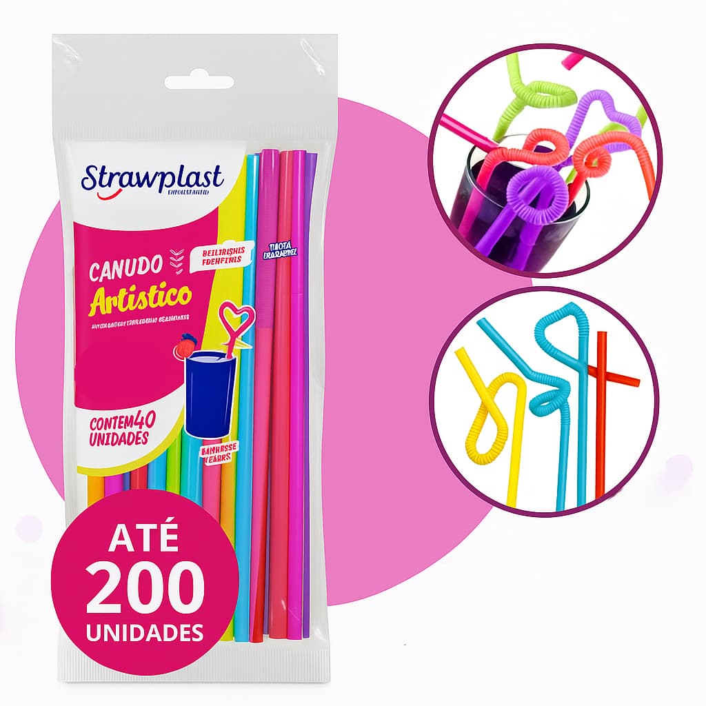 Canudo Decorativo Flexível Artístico bebidas festa colorido enfeite drink Kit Até 200 Unidades