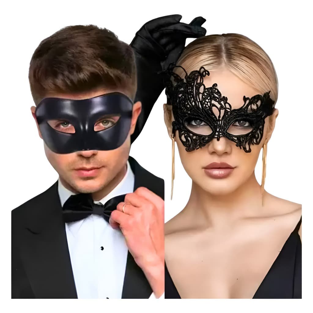 Kit com 2 Máscaras de Festa para Casal - Renda e Plástico, Preto