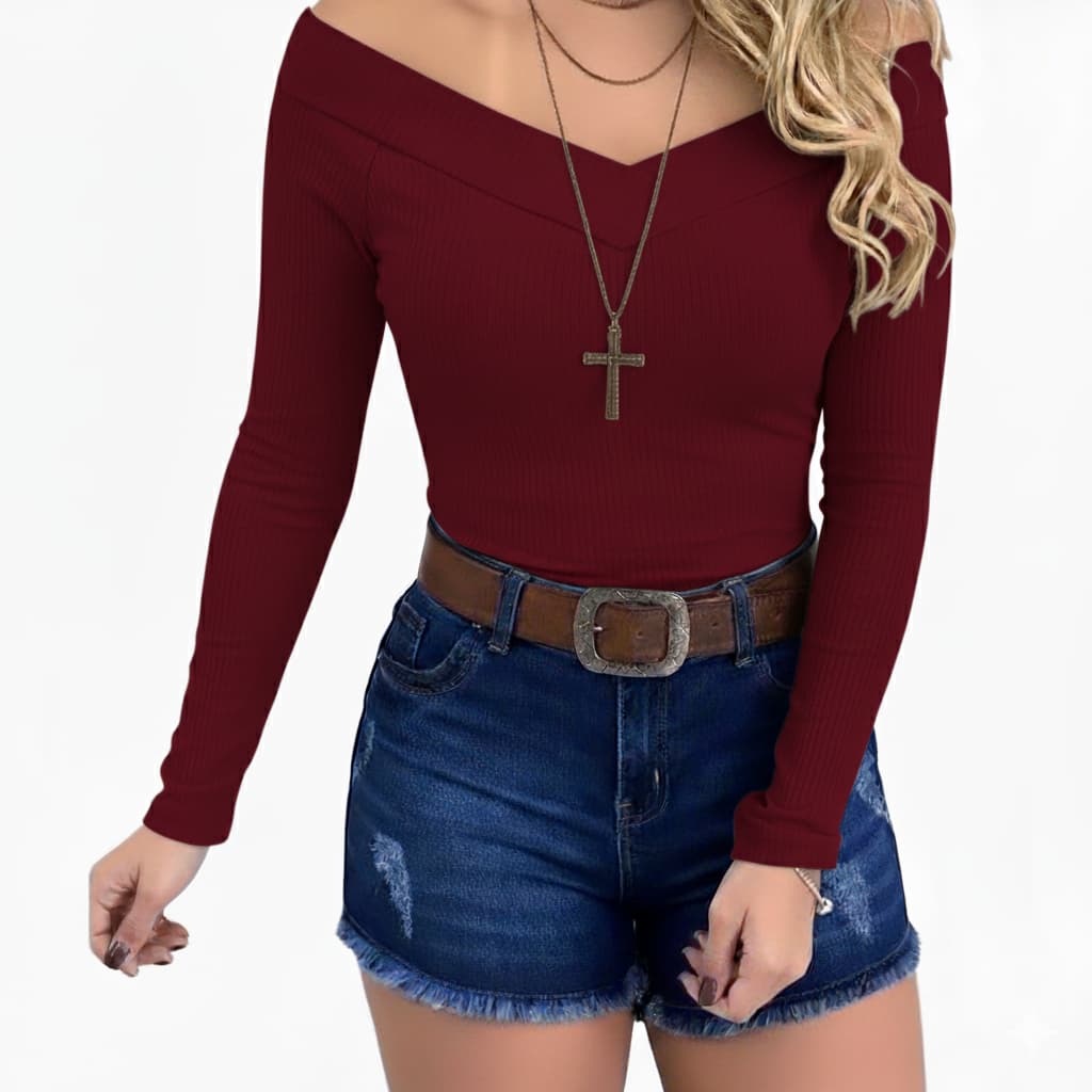 Body Feminino Manga Longa Ciganinha Ombro A Ombro Canelado